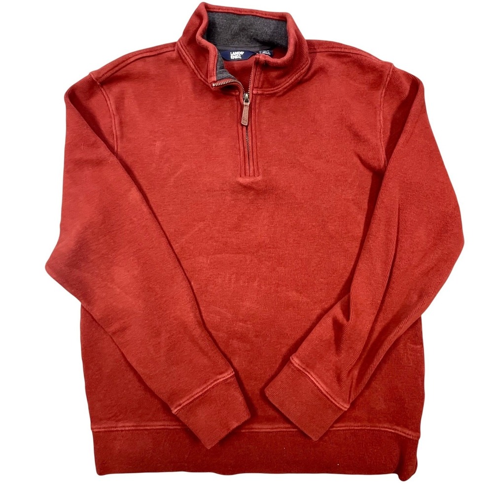 Lands End Red Quarter Zip Ribbed Pullover Sweater Mens Medium